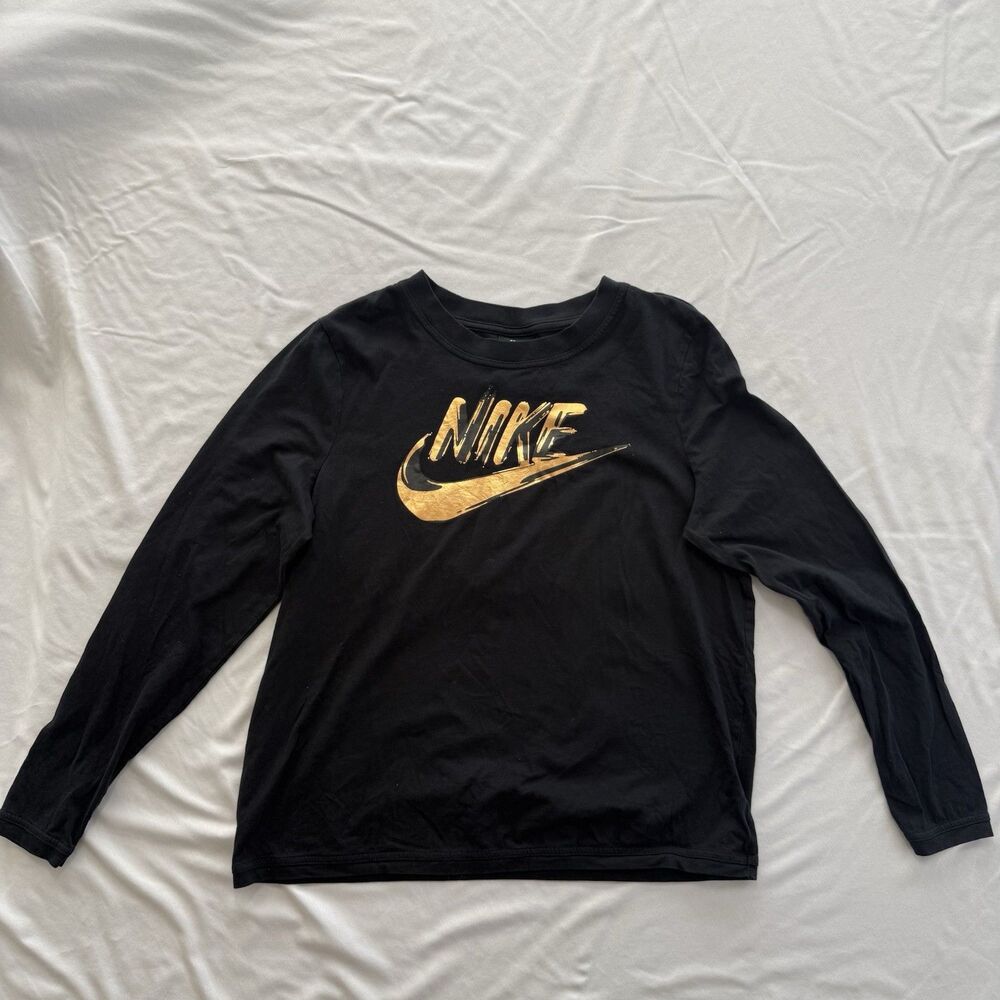 Nike Long Sleeve T-Shirt Kids Large Black with Metallic Lettering